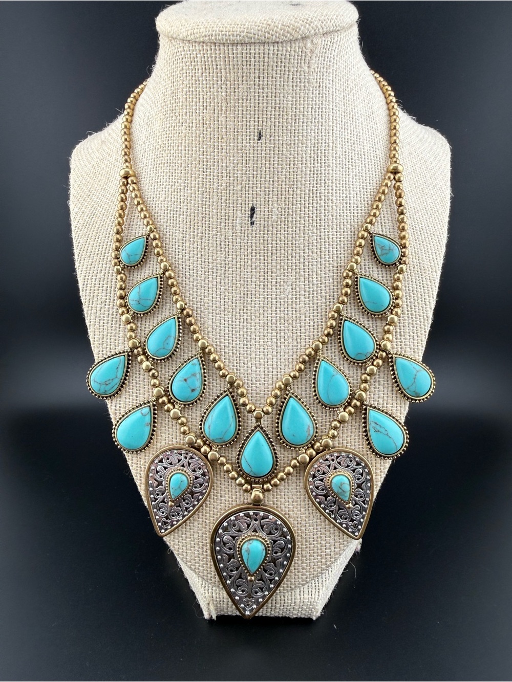Turquoise Teardrop Statement Necklace - Gold Tone